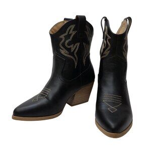 Soda Cowboy Boots Women’s Size 7 Black Faux Leather Western Beige Embroidered